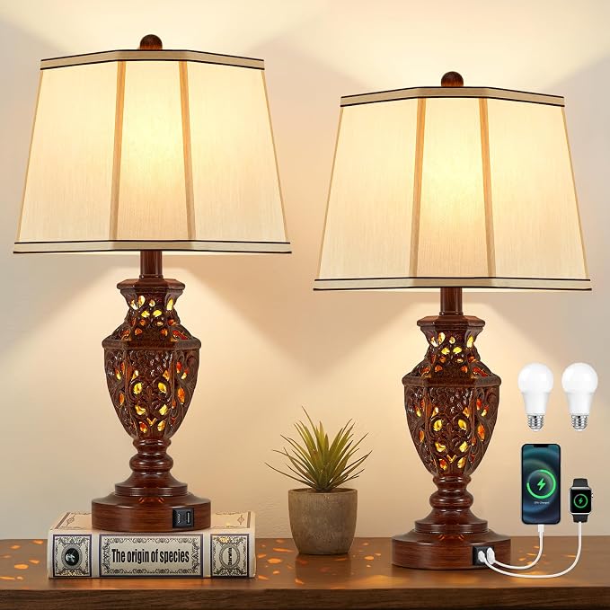 EJIAXIN Lamps for Night Stands Set of 2-23.5" Vintage Bedside Lamp with USB A+C and Nightlight - Brown Retro Carved Resin Farmhouse Desk Lamp for Bedrooms, End Tables, Living Room, Bulbs Included