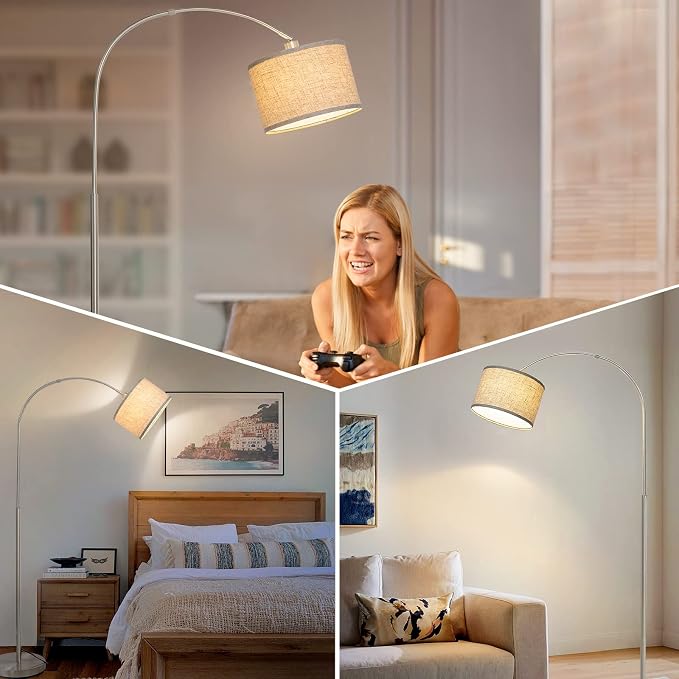 Arc Floor Lamp, Dimmable Floor Lamp with Adjustable Hanging Shade, Silver