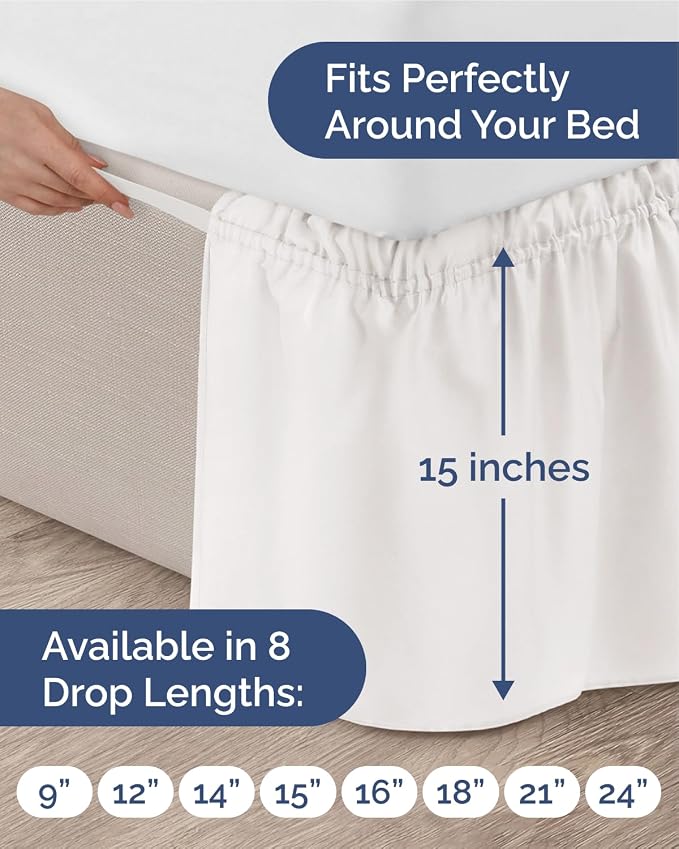 Wrap Around Dust Ruffle Bed Skirt - College Dorm Room - Twin/Twin XL | Antique White, 15 Inch Drop, Elastic Strap & Adjustable Pleated Bedskirt, Wrinkle Free, for Women, Men, Students & Teens