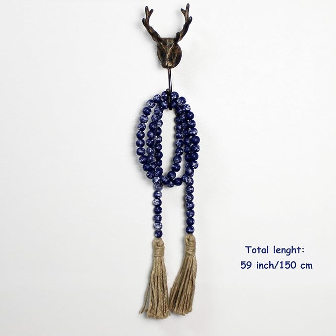 CVHOMEDECO. Wood Beads Garland with Tassels Farmhouse Rustic Wooden Prayer Bead String Wall Hanging Accent for Home Festival Decor. Navy Blue Stained