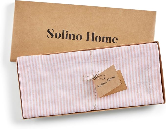 Solino Home 100% Linen Table Runner, 14 x 36 in, Peach and White Striped | Narrow Stripe, dresses up dining tables for everyday meals, woven stripe, European flax fibres, soft, OEKO-TEX Certified