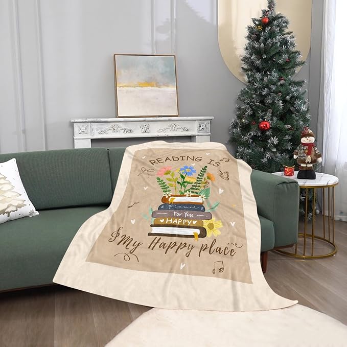 TURMTF Reading is My Happy Place Throw Blanket | Floral Book Design, Flannel Material, For Book Lovers, Readers, Bookworms, Librarians, Teachers