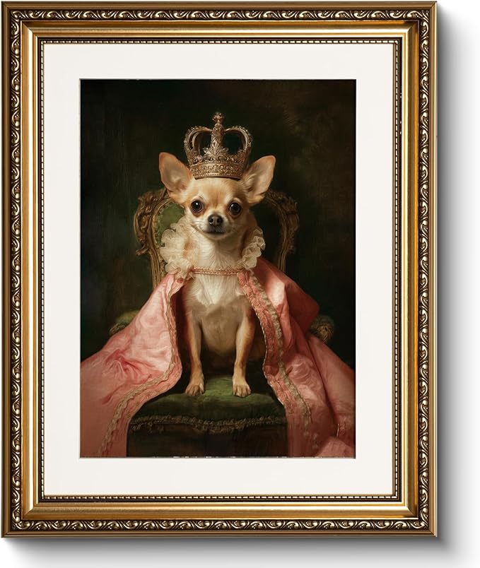WHASAYART Vintage Gold Framed Royal Dog Portrait Canvas Wall Art | Victorian Style Chihuahua Wall Decor, Classic Pet Living Room Bedroom Home Office Decor, 13x16" Waterproof Canvas Painting