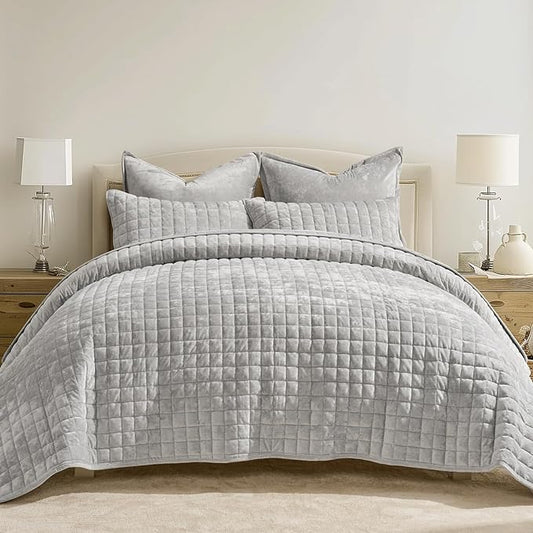 RECYCO Channel Box Stitch Velvet Quilt Set, King Size, Frost Gray | Ultra Soft Lightweight Velvet Comforter, Luxury Oversized Bedspread Coverlet, Quilted Bedding Set for All Season with 2 Shams