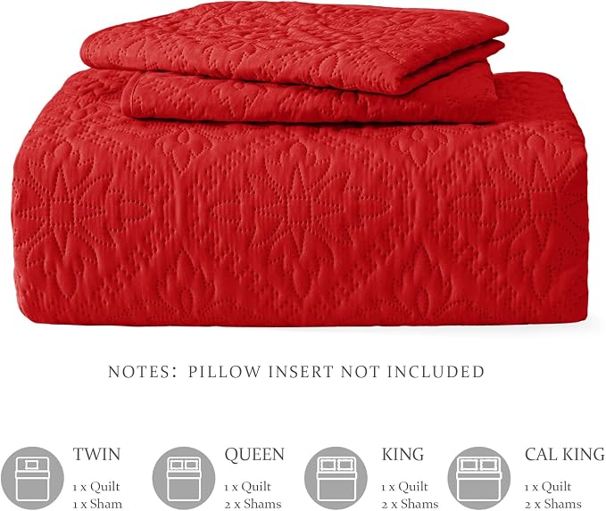 Exclusivo Mezcla Full Queen Quilt Set, Red | Lightweight Soft Bedspreads Coverlets, All Season Bedding with 2 Pillow Shams, Modern Style for Bedroom Guest Room