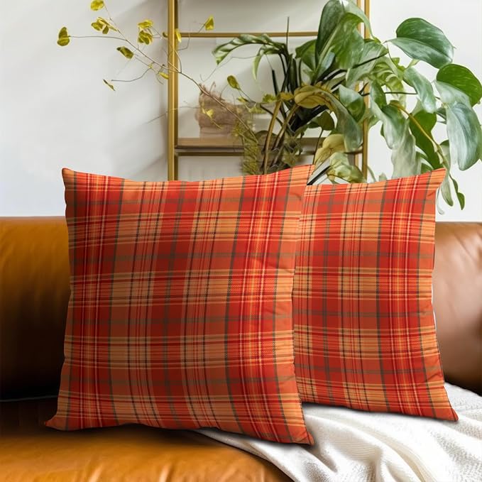 Fall Plaid Throw Pillow Covers 24x24inch Set of 2 Burnt Orange Buffalo Plaid Print Pillowcase Autumn Colored Tartan Thanksgiving Farmhouse Seasonal Decorative Cushion Cases for Home Sofa Patio