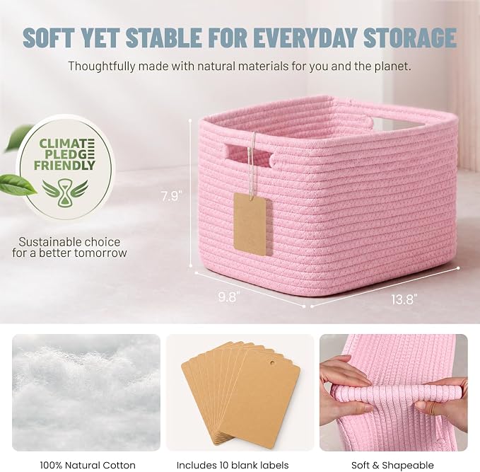 5 Pack Woven Storage Baskets, Decorative Storage Bins for Organizing | 13.8'' × 9.8'' × 7.9'', Cute Cotton Rope Basket Organizer for Closet, Shelves, bathroom, Nursery, Toys, Books, Pantry, Pink
