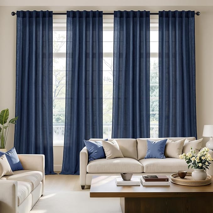 MIULEE Navy Blue Back Tab Linen Curtains 4 Panels 42W x 84L | Linen material, light filtering, rod pocket back tab hanging, farmhouse decor for living room bedroom