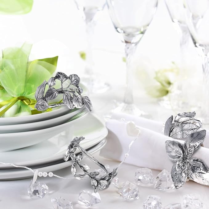 Cunhill 8 Pieces Herb Napkin Rings Set Vintage Leaf Napkin Holders Rings Glossy Holder Adornment Metal Table for Graduation Holidays Wedding Graduation Party Decor Everyday Use(Silver)