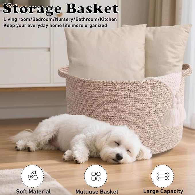 115L Large Blanket Basket,Woven Rope Laundry Basket-Brown | Collapsible, reinforced handles, nursery storage bin organizes clothes, toys and pillows for living room, bedroom bathroom.