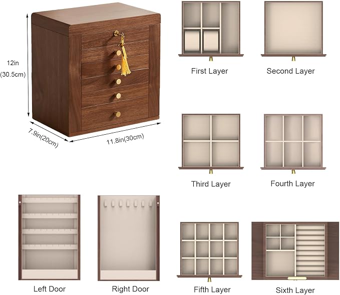 Black Walnut Wooden Jewelry Box for Women, 6 Layer | Locking Large Wood Jewelry Organizer with 2 Side Doors & Mirror, For Watch Necklace Ring Earring, Velvet-Lined, Gift