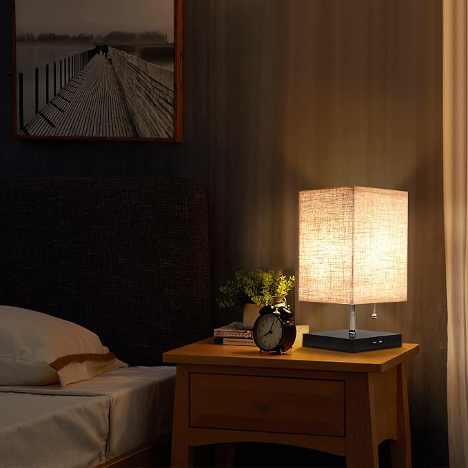 Siljoy Modern Desk Lamp with Pull Chain Switch, Bedside Table Lamp with 2 USB Charging Ports, Nightstand Lamp with Beige Fabric Lampshade & Black Wooden Base for Bedroom, Living Room, Office