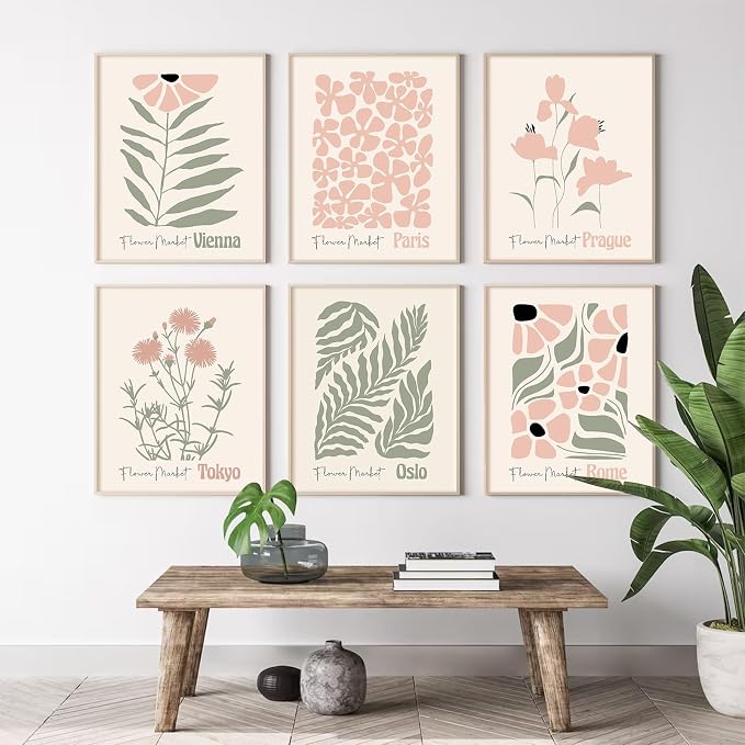 Baccone Boho Botanical Wall Art Prints Blush Pink Canvas Wall Decor Flower Market Wall Art Poster Abstract Aesthetic Pictures Pink Floral Artwork for Room Bedroom Set of 6 12x16 Inch Unframed