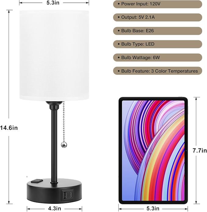 Dicoool Bedside Table Lamp for Bedroom - Small Desk Lamp with USB Ports