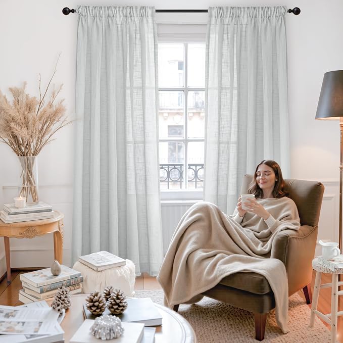 Light Grey Linen Semi Sheer Curtains 52 X 84 Inch Length for Living Room | Light Filtering Drapes Textured with Rod Pocket Back Tab for Dining Bedroom, 2 Panels