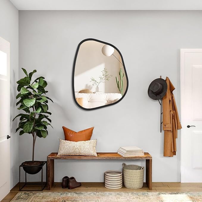 Black Asymmetrical Wall Mirror Large 20"x16" Irregular Oval Mirror Modern Wood Frame Unique Shape Wall Mounted Vanity Artistic Mirrors Decorative for Living Room Bedroom Bathroom Hallway