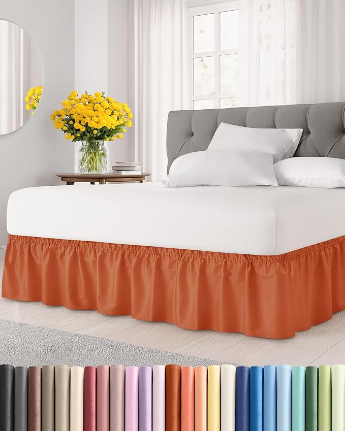 Wrap Around Dust Ruffle Bed Skirt - College Dorm Room - Twin/Twin XL | Terracotta, 15 Inch Drop, Elastic Strap & Adjustable Pleated Bedskirt, Wrinkle Free, for Women, Men, Students, Kids & Teens