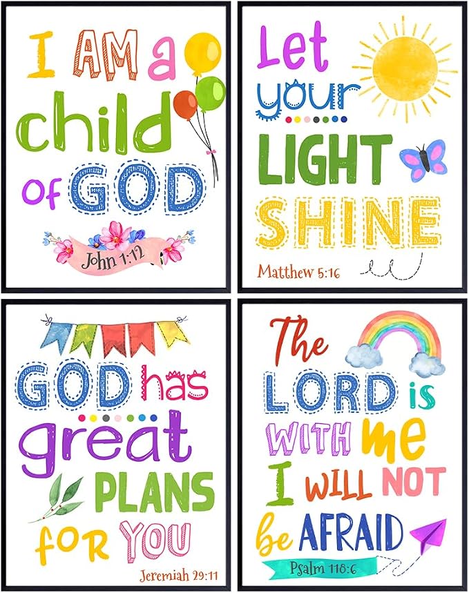 Bible Verse Wall Art - Scripture Wall Art - Christian Artwork for Kids, Boys, Girls Bedroom - Religious Gifts for Kids - Aesthetic Collage Kit - God Decor - Positive Inspirational Quotes