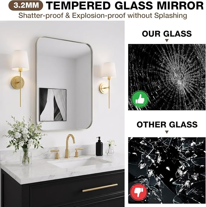 30"x36" Bathroom Mirror for Over Sink, Brushed Nickel Vanity Mirror | Aluminum Alloy Frame, Clear Reflection, Rust-Resistant, Vertical or Horizontal, Wall Mount, Bedroom and Entryway