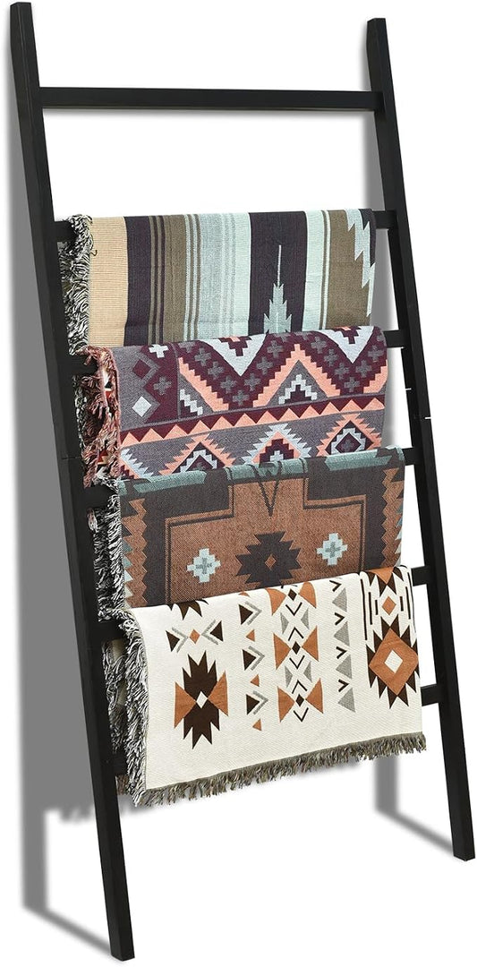FUIN Blanket Ladder, 38in Extra Wide Solid Wood Rustic Decor Rack, Black | 6.4 ft high and 38 in wide, farmhouse quilt display ladders, organize blankets, leaning wall, bathroom and living room use
