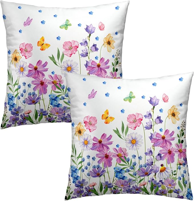 Watercolor Floral Pillow Covers 22x22 Inches Set of 2 Spring Summer Wildflower Butterfly Cotton Cushion Covers for Home Home Sofa Couch