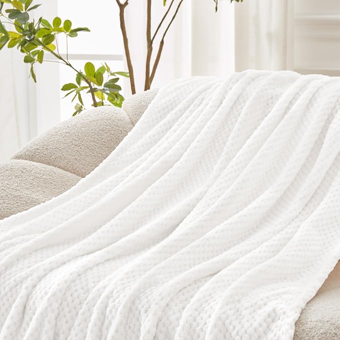 Exclusivo Mezcla Soft Waffle Fleece Bed Blanket Queen Size, White | Lightweight Plush Blanket for Bed, Bedroom, Cozy Flannel with Waffle Texture, Stylish Home Decor, All Season, 90x90 Inches