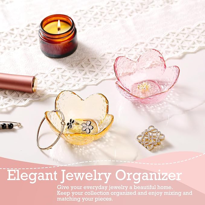 Gifts for Women Pink Flower Ring Dish Glass Jewelry Dish Jewelry Tray Cute Vanity Organizer Room Decor Aesthetic Nightstand Bathroom Decor Trinket Dish Ring Holder Dish Jewellery Tray Valentine's Gift