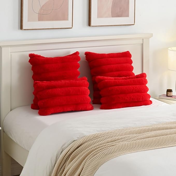 HAUSSY Pack of 2 Pillow Covers 18x18 Inch, Faux Fur Decorative Couch Throw Pillows Soft Striped Plush Cushion Covers Home Decor Cute Furry Pillowcase for Living Room Sofa Bed, Red (Covers Only)