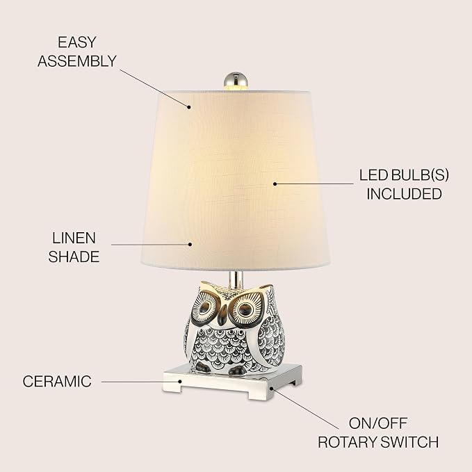 JONATHAN Y Justina Owl Mini Table Lamp 16" Ceramic, Black/White