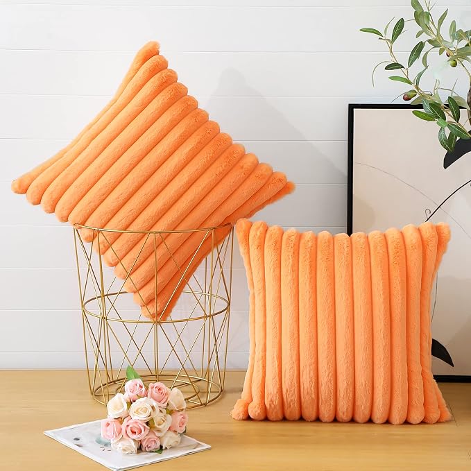 Soleebee Set of 2 Throw Pillow Covers Soft Cozy Velvet Pillowcase Faux Rabbit Fur Cover for Couch Sofa Bed Chair Home Decorative Pillows Cover (22x22 Inch, Orange)