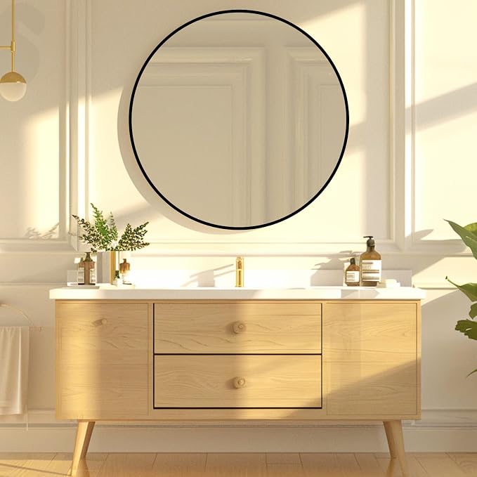 Round Black Mirror 28 inch, Circle Mirror, Matte Black Metal Frame | Large Circular Wall Mounted Mirrors for Bathroom, Bedroom, Entryway, Living Room, Hallway, Over Sink, Vanity, Wall Decor, HD