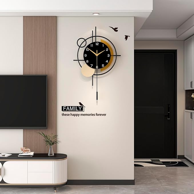 Wall Clock for Living Room Decor Modern Clock Pendulum Silent | Quartz Battery Operated Black Metal Decorative Large Clock for Dining Room,Kitchen,Home,Bathroom,Bedroom, Analog 13.8x21.3 in