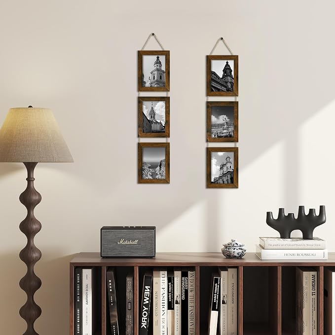 5x7 Collage Picture Frames Set of 2, Rustic Wooden Real Glass Vertical Hanging 3 Opening 5 by 7 Photo Frame, Brown