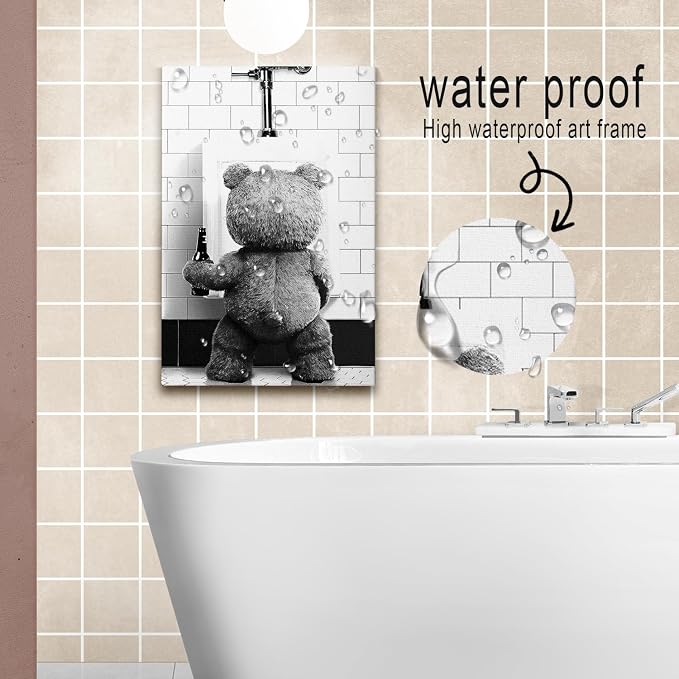 DIHSIEG Funny Teddy Bear Bathroom Wall Art Toilet Humor Canvas Print 12x16 | Unframed Modern Decor for Powder Room, Above Toilet Decoration, Restroom Accent, Unique Wall Hanging Gift for Home & Friends