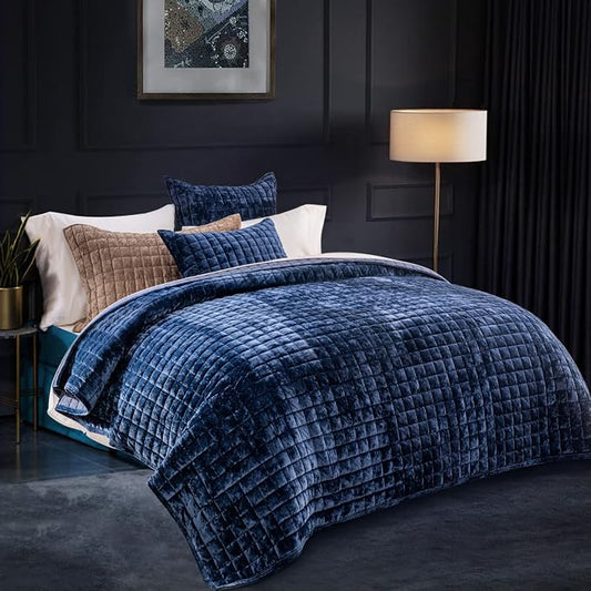 RECYCO Channel Box Stitch Velvet Quilt Set, Twin/Twin XL Size, Navy Blue | Ultra Soft Lightweight Velvet Comforter, Luxury Oversized Bedspread Coverlet, Quilted Bedding Set for All Season with 1 Sham