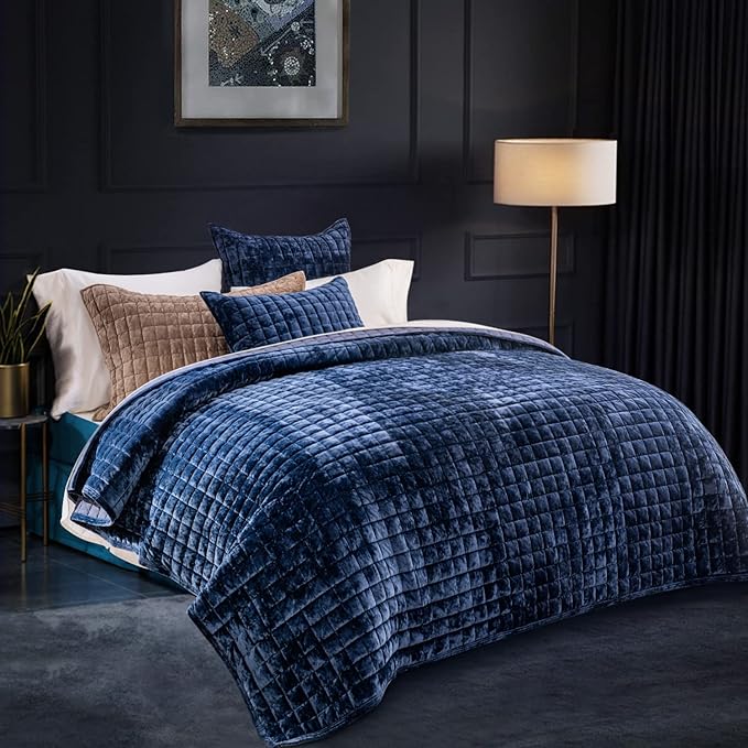 RECYCO Channel Box Stitch Velvet Quilt Set, Full Queen Size, Navy Blue | Ultra Soft Lightweight Velvet Comforter, Luxury Oversized Bedspread Coverlet, Quilted Bedding Set for All Season with 2 Shams