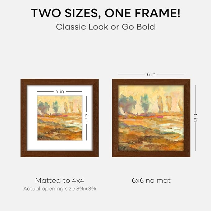 Homeforia 6x6 Brown Oak Picture Frame, High-End Wood, 4x4 Mat, Glass