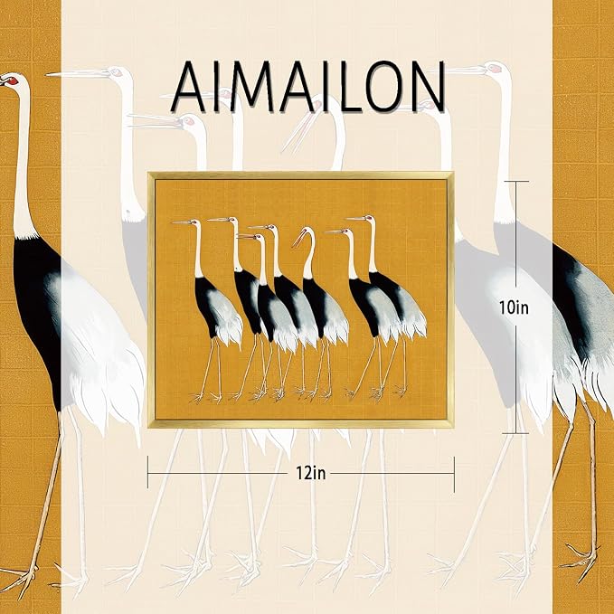 AIMAILON Gold Frame Red Crowned Crane Group Printed Animal Theme Art 10x12 | vintage gold frame, easy to hang, coffee shop decoration painting