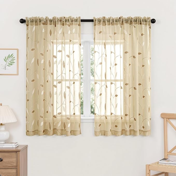 MIULEE Beige Sheer Curtains 2 Panels Embroidered Leaf Patterned, W52 x L45 | Embroidered Floral Semi Sheer,Rod Pocket,Faux Linen,Short Window Curtains Drapes Set for Kitchen/Bathroom/Cafe