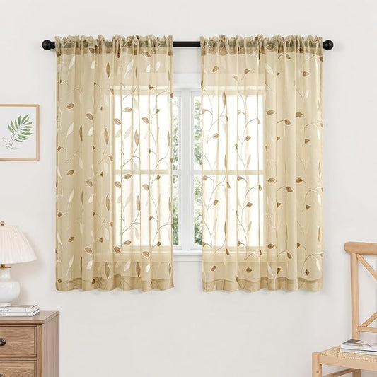 MIULEE Beige Sheer Curtains 2 Panels Embroidered Leaf Patterned, W52 x L54 | Embroidered Floral Semi Sheer,Rod Pocket,Faux Linen,Short Window Curtains Drapes Set for Kitchen/Bathroom/Cafe