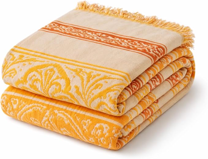 100% Cotton Boho Throw Blanket for Home Decor – Classic Farmhouse Quilt Bedding, Muslin Blankets for Adults, Vintage Woven Decorative Blanket for Couch, Bed Layering Use, Bohemian Stripe, 104"x90"