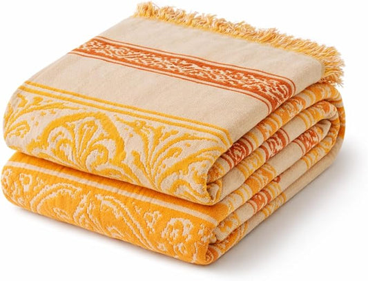 100% Cotton Boho Throw Blanket for Home Decor – Classic Farmhouse Quilt Bedding, Muslin Blankets for Adults, Vintage Woven Decorative Blanket for Couch, Bed Layering Use, Bohemian Stripe, 50"x60"