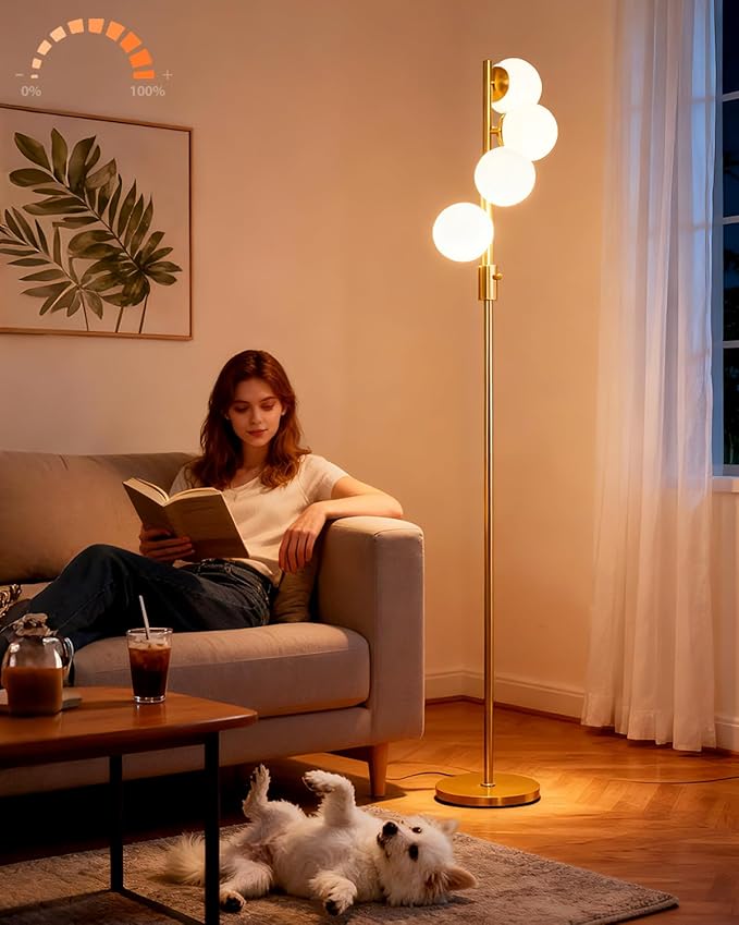 Mid Century Modern 4 Globe Gold Floor Lamp, Dimmable Standing Lamp with 3000K Warm White Bulbs Included, Tall Ambient Floor Lamp for Living Room Bedroom Home Office Sofa Beside Corner Decor