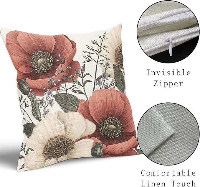 Vintage Flower Pillow Covers 20x20 Inch Rustic Floral Botanical Pattern Throw Pillow Covers Set of 2 Farmhouse Pillowcases Cotton Linen Cushion Covers for Couch Bed Sofa Chair Indoor Outdoor Decor