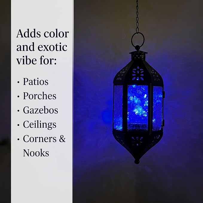 Vela Lanterns Hanging Moroccan Lantern with LED Twinkle Fairy Lights - Exotic Decorative Patio & Porch Decor, Indoor Outdoor Candle Lamp Holder with Chain (13" Large, Cobalt Blue Glass)