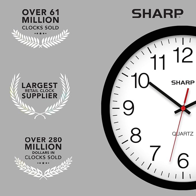 Sharp Wall Clock – Black, Silent Non Ticking 12 Inch Quality Quartz Battery Operated Round Easy to Read Home/Kitchen/Office/Classroom/School Clocks, Sweep Movement (Pack of 4)