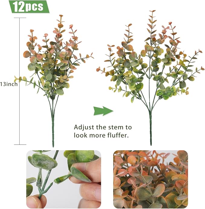 RECUTMS 12 Bundles Artificial Fall Eucalyptus Plant Stems 13In Dusty Orange | Plastic Boxwood Shrubs Greenery, No Maintenance,Long-term Reuse,Table Arrangement,Farmhouse Garden Vase Outdoor Planter Decor
