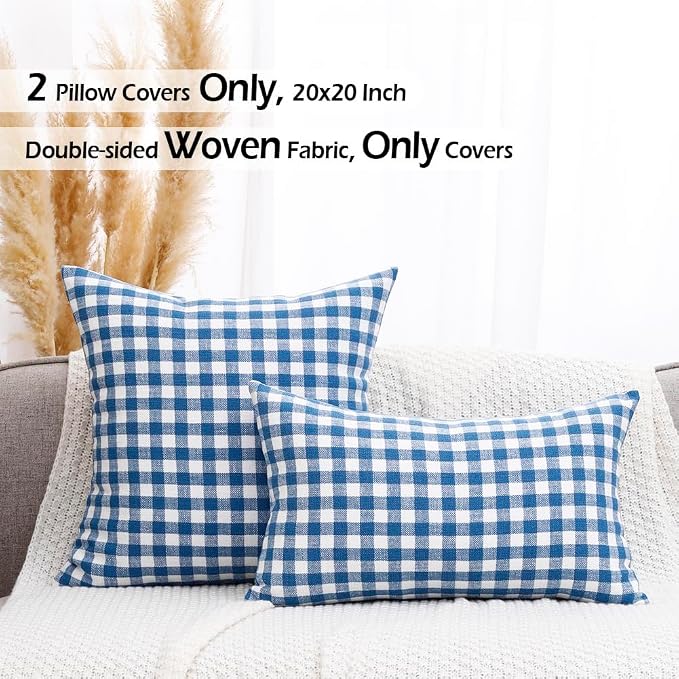 Coastal Decor Light Blue Gingham Plaid Decorative Pillow Covers 20x20 | Set of 2 Blue Pillow Covers 20 x 20, Vintage Farmhouse Cottage Core Decor for Couch Bed, Fundas Para Cojines De Sala Navidad