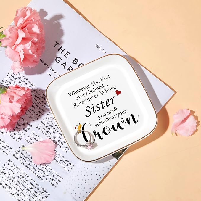 Sister Gifts Ceramic Ring Dish Tray, Encouragement Straighten Your Crown