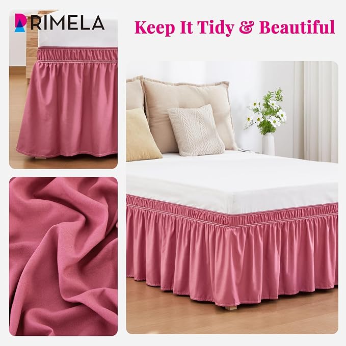 Dusty Red Bed Skirt King Size 18" Drop, Elastic Wrap Around Bedskirt | Solid Ruffled, Easy to Use, No Mattress Lifting, Wrinkle & Fade Resistant, with Adhesive Strips, Machine Wash/Dry/Iron